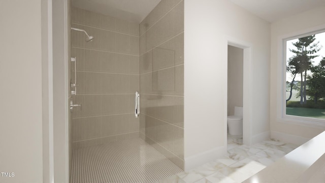 1800 Pershing Rd, Raleigh, NC 27608 - bathroom with tiled shower, toilet, marble look tile flooring, and baseboards