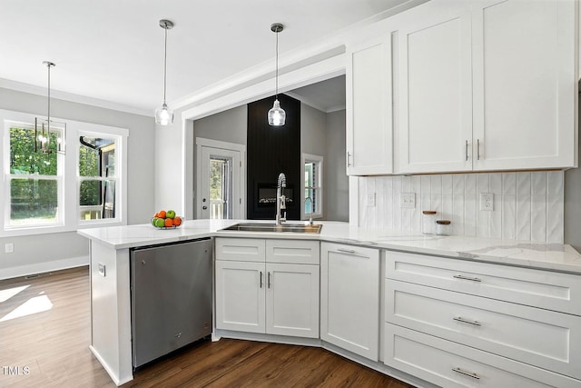 8629 Dukes Lake Rd, Zebulon, NC 27597 - kitchen featuring stainless steel dishwasher, a peninsula, dark wood-style flooring, light stone counters, and white cabinetry