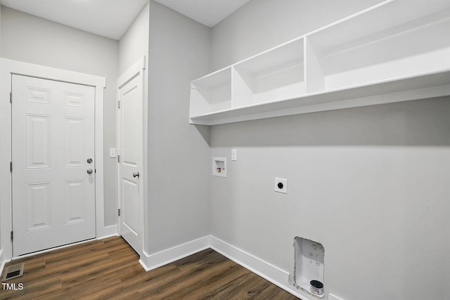 8629 Dukes Lake Rd, Zebulon, NC 27597 - laundry room featuring electric dryer hookup, dark wood finished floors, and washer hookup