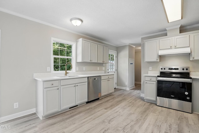 kitchen featuring a sink, appliances with stainless steel finishes, under cabinet range hood, and ornamental molding