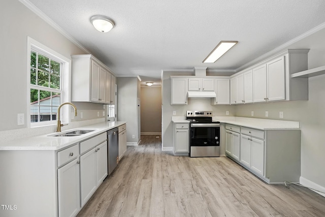 kitchen featuring crown molding, light wood-style floors, under cabinet range hood, a sink, and appliances with stainless steel finishes