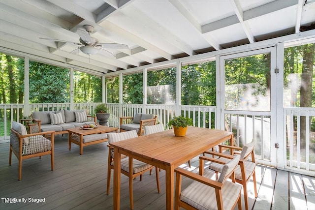 5124 Lazywood Ln, Durham, NC 27712 - sunroom with a ceiling fan, an outdoor hangout area, plenty of natural light, and beamed ceiling