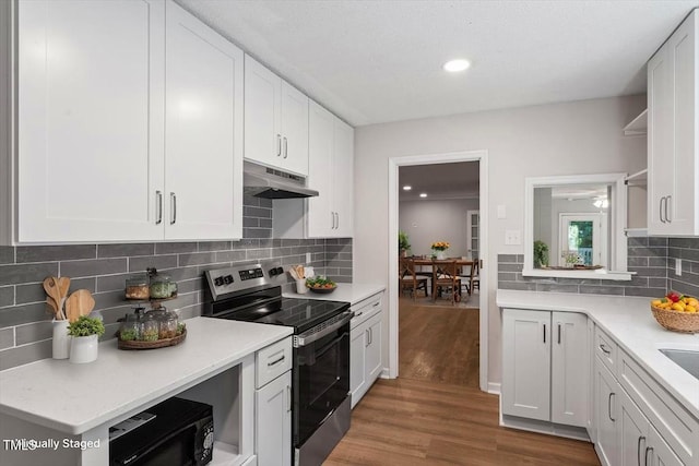 5124 Lazywood Ln, Durham, NC 27712 - kitchen featuring stainless steel range with electric cooktop, under cabinet range hood, open shelves, light countertops, and recessed lighting
