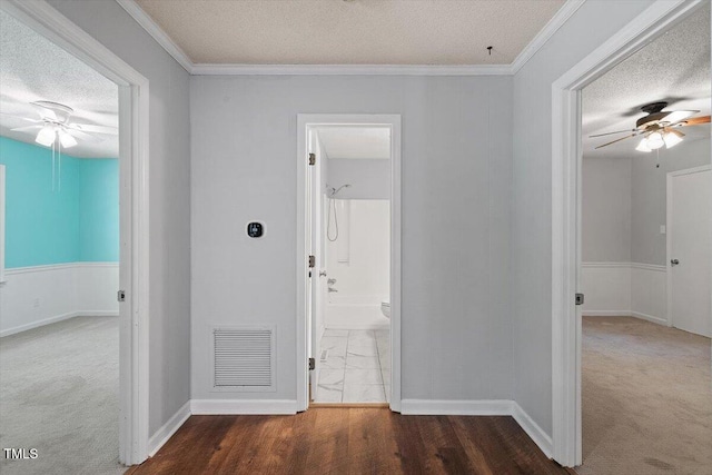 5124 Lazywood Ln, Durham, NC 27712 - hallway with a textured ceiling, crown molding, and carpet floors