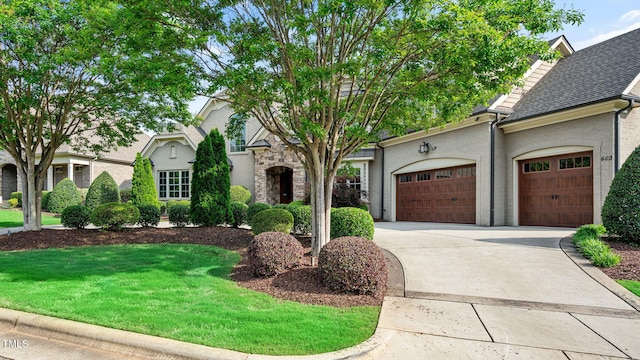 view of front of house featuring a garage, driveway, a front yard, stone siding, and roof with shingles