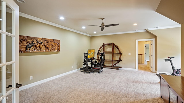 exercise room featuring recessed lighting, carpet flooring, crown molding, french doors, and a ceiling fan