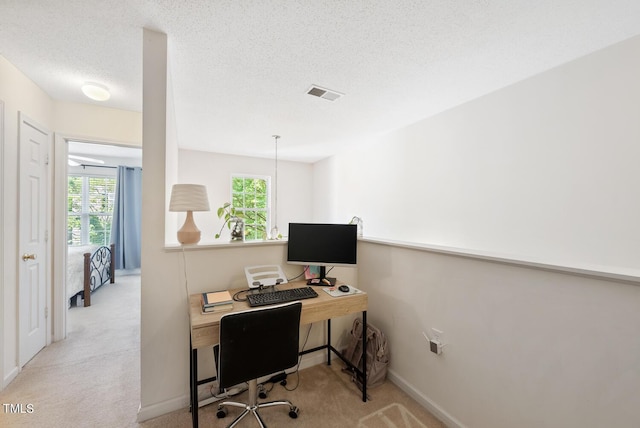 carpeted office space featuring a textured ceiling, visible vents, a wealth of natural light, and baseboards