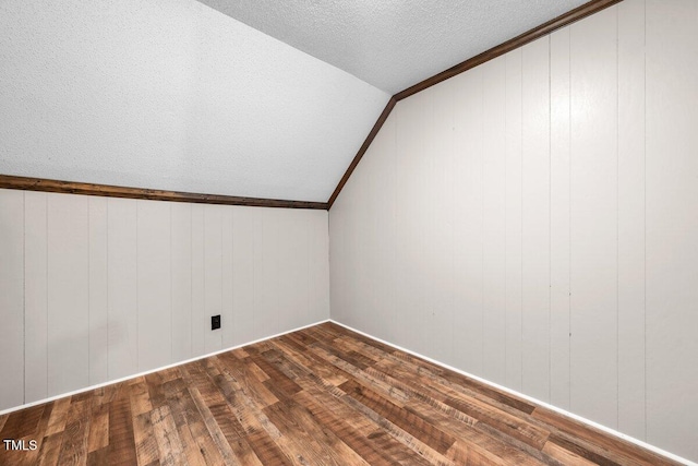additional living space with a textured ceiling, lofted ceiling, and dark wood-style floors