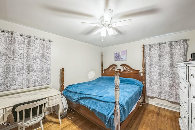 bedroom with a ceiling fan and wood finished floors