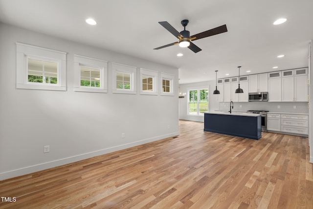 1005 Forrestal Pl, Durham, NC 27707 - kitchen featuring stainless steel appliances, recessed lighting, light wood-type flooring, white cabinetry, and light countertops