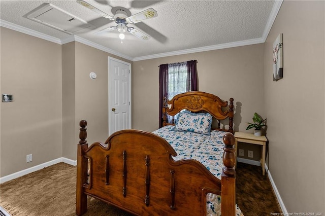 3042 Overhills Rd, Bunnlevel, NC 28323 - carpeted bedroom with a textured ceiling, baseboards, ornamental molding, and a ceiling fan