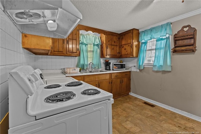 3042 Overhills Rd, Bunnlevel, NC 28323 - kitchen with stainless steel microwave, a sink, white electric range, brown cabinetry, and light countertops