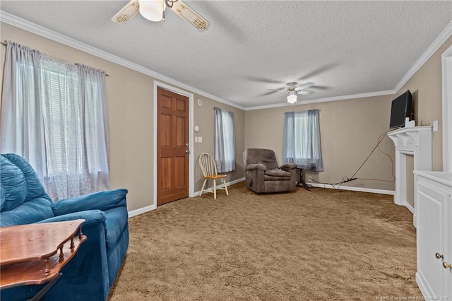 3042 Overhills Rd, Bunnlevel, NC 28323 - living room featuring a ceiling fan, carpet floors, a textured ceiling, ornamental molding, and a fireplace