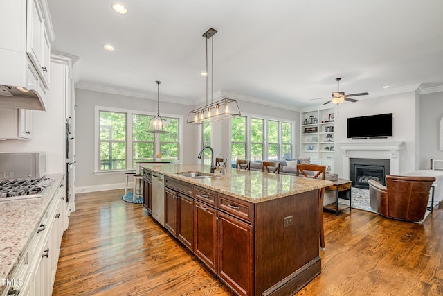 kitchen with a ceiling fan, dark wood-style flooring, a sink, white cabinetry, and stainless steel appliances