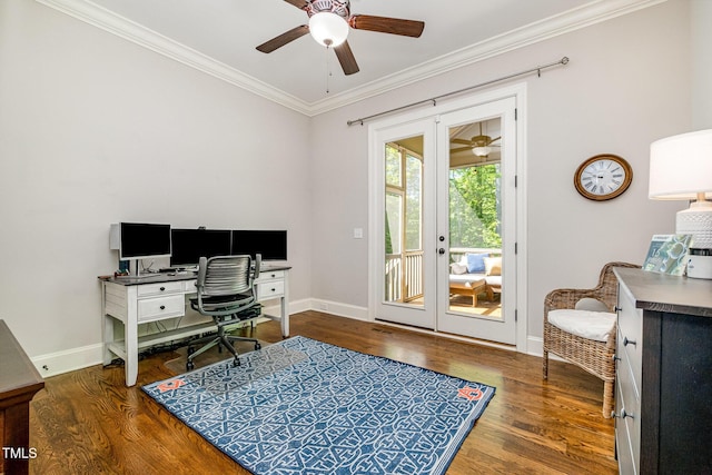 office space featuring ceiling fan, crown molding, french doors, and wood finished floors
