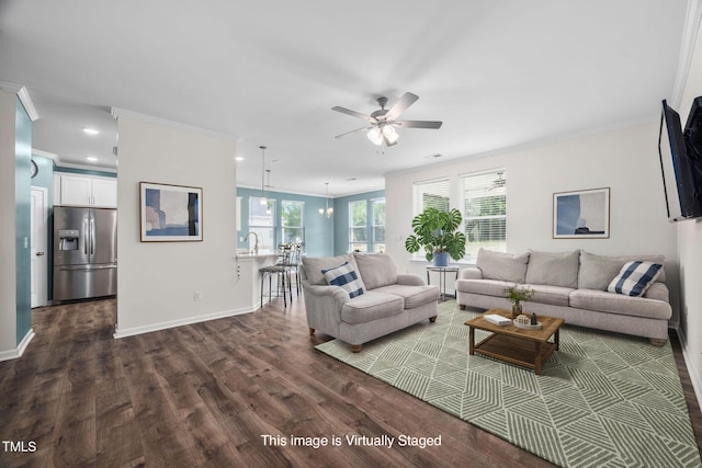 214 Thumper Way, Clayton, NC 27520 - living area featuring a ceiling fan, ornamental molding, dark wood-type flooring, baseboards, and recessed lighting