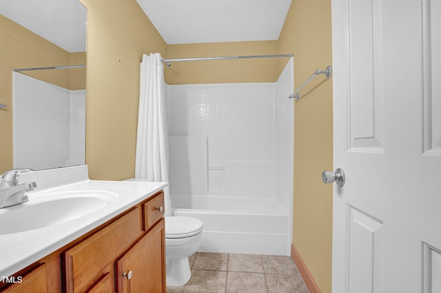 bathroom featuring tile patterned floors, shower / bathtub combination with curtain, toilet, vanity, and baseboards