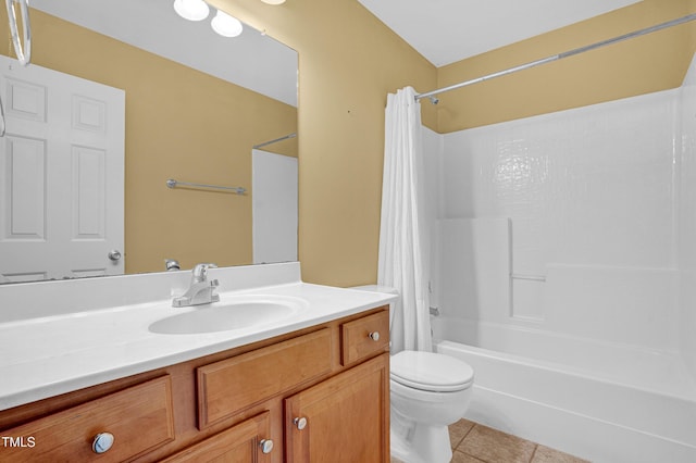 full bath with toilet, vanity, shower / bathtub combination with curtain, and tile patterned floors