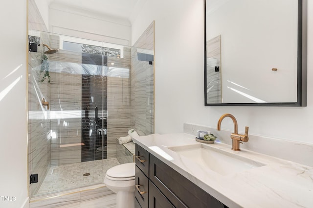 bathroom featuring vanity, a shower stall, and toilet