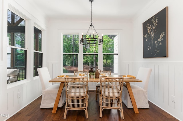 dining space featuring a chandelier, wainscoting, wood finished floors, and a decorative wall