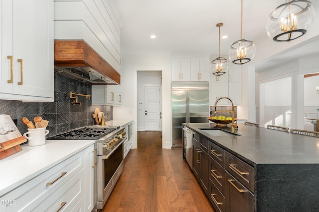 kitchen featuring a sink, premium range hood, white cabinets, and premium appliances