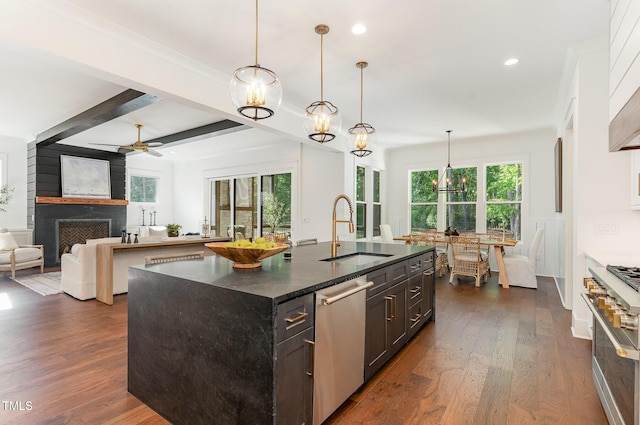 kitchen featuring a fireplace, appliances with stainless steel finishes, a sink, and dark wood-type flooring