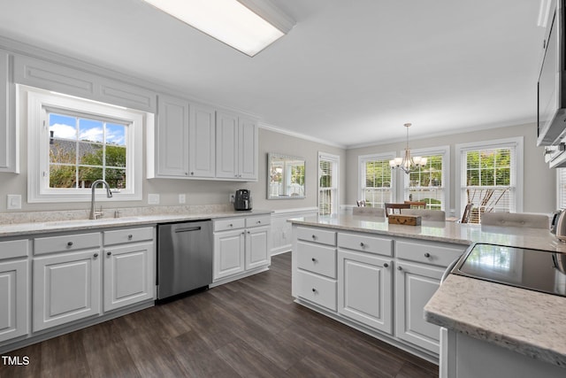 kitchen featuring crown molding, stainless steel dishwasher, a sink, a chandelier, and white cabinetry
