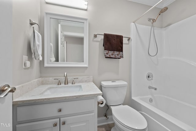 full bathroom with vanity, baseboards, toilet, and tub / shower combination