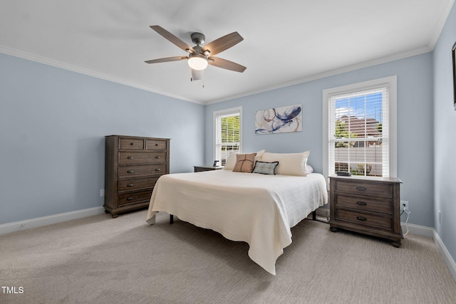 bedroom featuring baseboards, light colored carpet, ornamental molding, and ceiling fan
