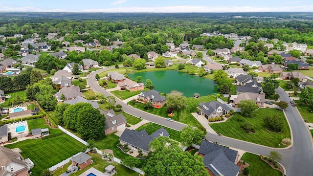 birds eye view of property with a water view and a residential view