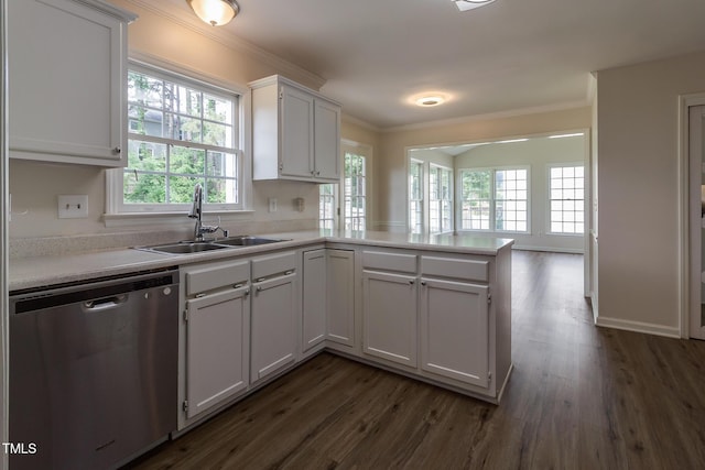 805 Penncross Dr, Raleigh, NC 27610 - kitchen featuring stainless steel dishwasher, a sink, healthy amount of natural light, a peninsula, and crown molding