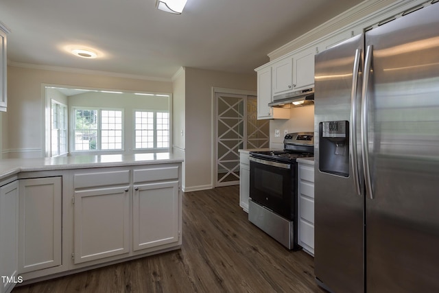805 Penncross Dr, Raleigh, NC 27610 - kitchen with appliances with stainless steel finishes, under cabinet range hood, dark wood-style flooring, white cabinetry, and ornamental molding