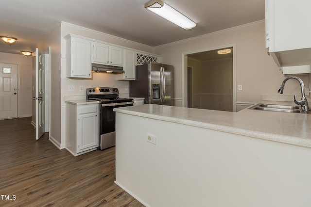805 Penncross Dr, Raleigh, NC 27610 - kitchen with appliances with stainless steel finishes, under cabinet range hood, a sink, a peninsula, and white cabinets