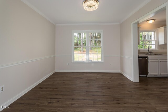 805 Penncross Dr, Raleigh, NC 27610 - unfurnished dining area featuring crown molding, a sink, dark wood-type flooring, and baseboards