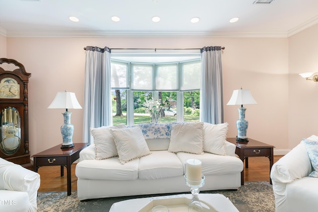 11 Pine Forest Dr, Siler City, NC 27344 - living area featuring crown molding, wood finished floors, visible vents, and recessed lighting
