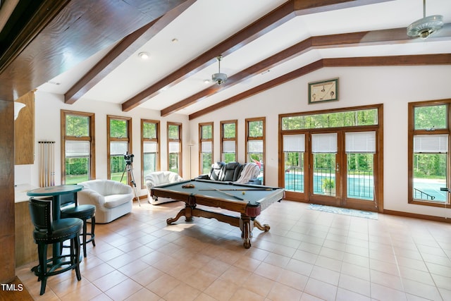 11 Pine Forest Dr, Siler City, NC 27344 - rec room with lofted ceiling with beams, baseboards, pool table, and light tile patterned floors