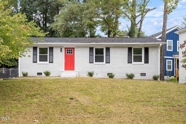 single story home with brick siding, entry steps, a front lawn, and crawl space