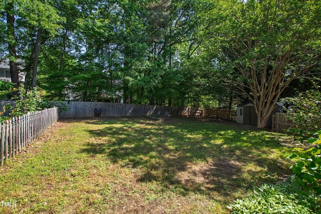 view of yard with a fenced backyard, a storage unit, and an outdoor structure