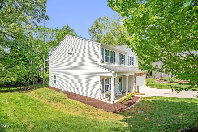 1305 Montreux Ct, Mebane, NC 27302 - view of property exterior featuring a garage, a yard, a shingled roof, and concrete driveway