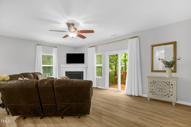 1305 Montreux Ct, Mebane, NC 27302 - living area featuring light wood finished floors, a ceiling fan, baseboards, and a fireplace