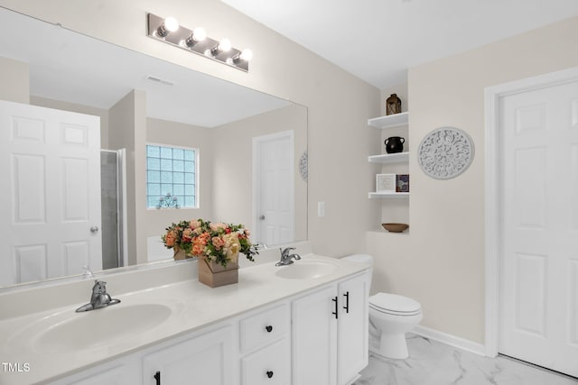 1305 Montreux Ct, Mebane, NC 27302 - bathroom featuring a shower with shower door, double vanity, marble finish floor, toilet, and a sink