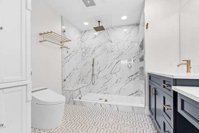 full bath with visible vents, a marble finish shower, toilet, recessed lighting, and vanity