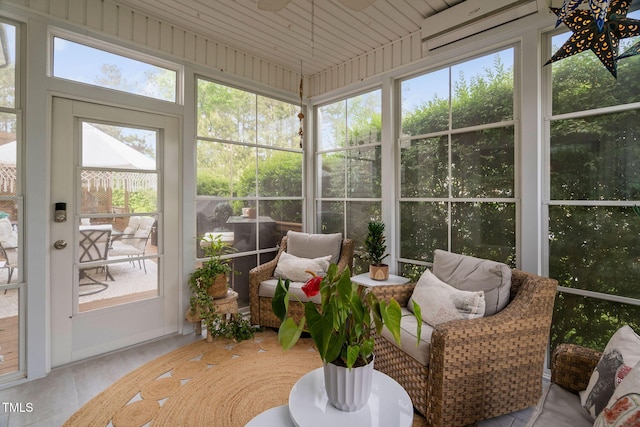 48 Falling Oak Ct, Clayton, NC 27520 - sunroom / solarium featuring a wall mounted AC and ceiling fan