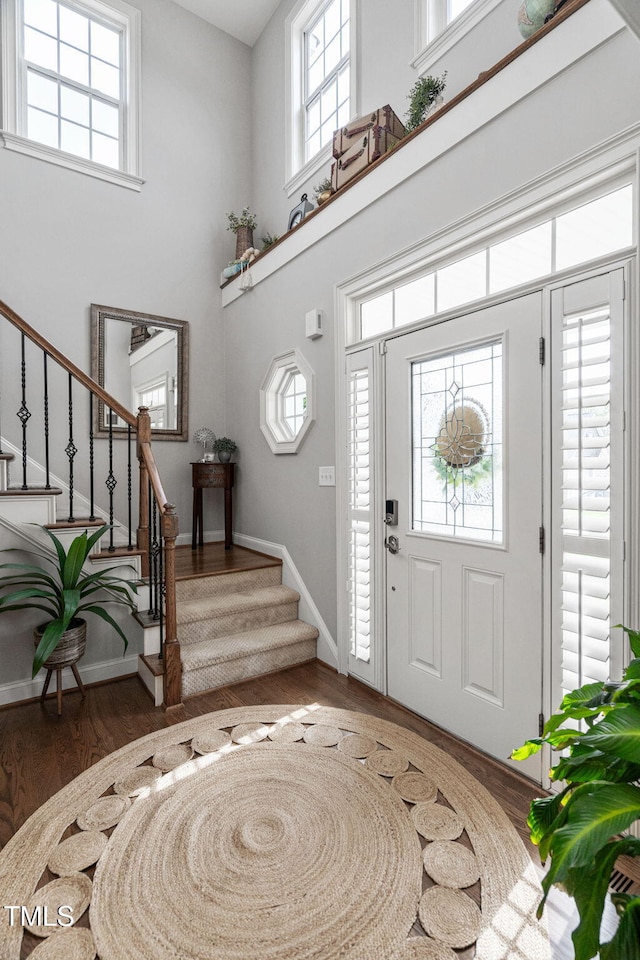 48 Falling Oak Ct, Clayton, NC 27520 - entrance foyer featuring plenty of natural light, wood finished floors, stairs, baseboards, and a high ceiling