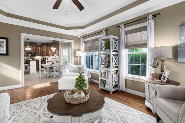 48 Falling Oak Ct, Clayton, NC 27520 - living room featuring a ceiling fan, crown molding, baseboards, and light wood-style flooring