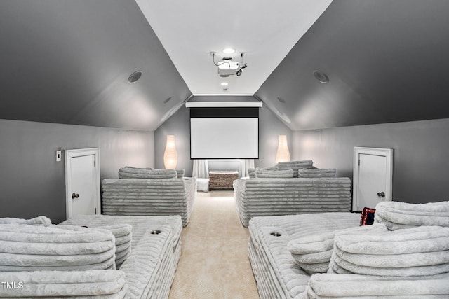 48 Falling Oak Ct, Clayton, NC 27520 - home theater room featuring light carpet and vaulted ceiling