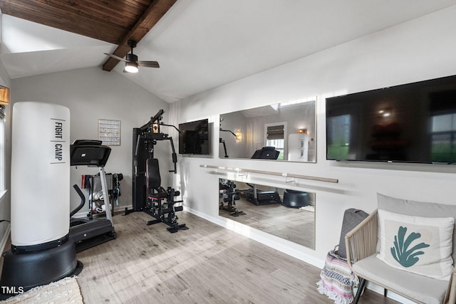 48 Falling Oak Ct, Clayton, NC 27520 - exercise room with wood finished floors, a ceiling fan, vaulted ceiling, and baseboards