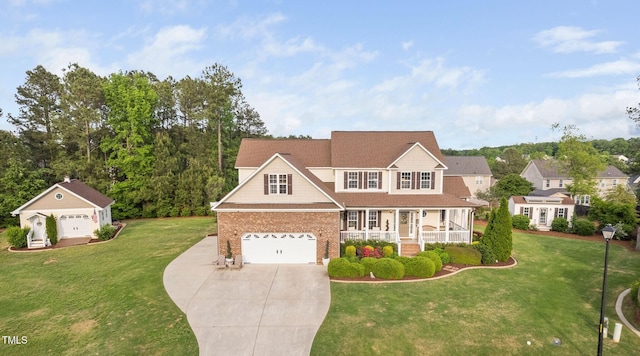 48 Falling Oak Ct, Clayton, NC 27520 - view of front of home featuring concrete driveway, a porch, a front lawn, brick siding, and an attached garage