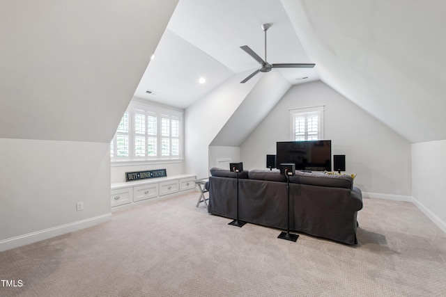 197 Boxwood Dr, Pittsboro, NC 27312 - living area with vaulted ceiling, light colored carpet, a ceiling fan, and baseboards