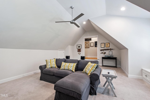 197 Boxwood Dr, Pittsboro, NC 27312 - living room featuring light carpet, lofted ceiling, baseboards, ceiling fan, and recessed lighting